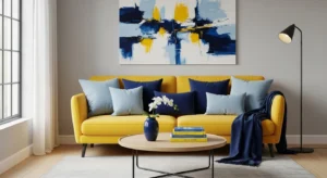 Yellow couch with blue accents creating a balanced and vibrant look