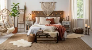 Vintage decor adding character to a boho bedroom