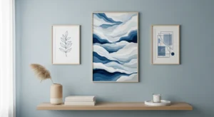 Blue wall art adding personality to a peaceful bedroom