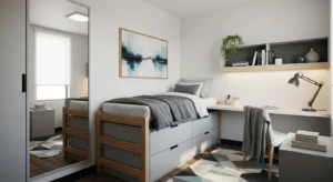 Mirror making a small dorm room feel bigger and brighter