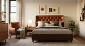 Brown leather accents adding a stylish touch to a bedroom