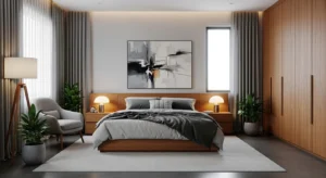 Grey and wood combination creating a balanced cozy bedroom