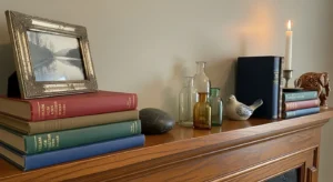 Books and decor objects on mantle