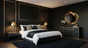 Black and gold accents adding luxury to a dark bedroom