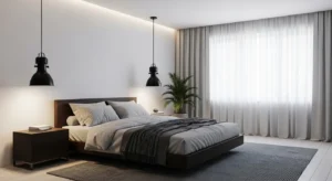 Black lighting fixtures adding a modern touch to a bedroom