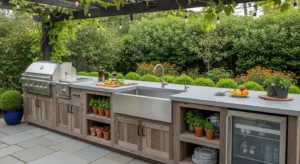 Outdoor kitchen with sink and storage for functionality
