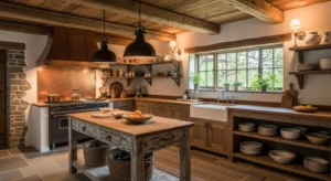 Wooden beams adding character to a farmhouse kitchen
