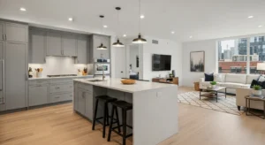 Seamless flooring making a kitchen feel larger and connected