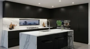Black cabinets with marble countertops creating contrast