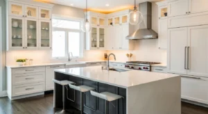 Glass cabinets adding depth to a white kitchen
