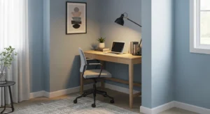 Corner desk setup in living room