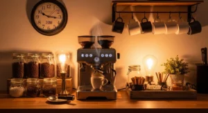 Warm lighting creating a cozy coffee bar atmosphere