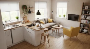 Small space living room and kitchen combo design