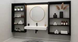 Black shelves adding structure to bathroom