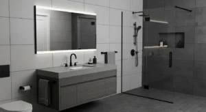 Black fixtures adding contrast to grey bathroom