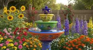 Colorful bird bath adding brightness