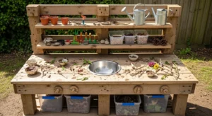 Mud kitchen with storage shelves for organization