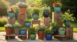 Wooden stands adding height to pots