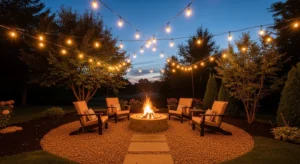 String lights enhancing fire pit ambiance