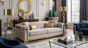 Beige sofa with gold accents adding elegance to the space