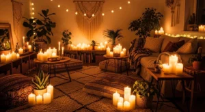 Soft ambient lighting in boho living room