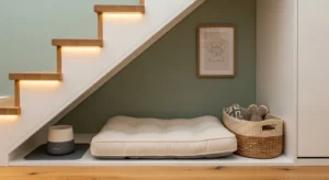 Under stairs pet corner with cozy bed and organized space