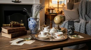Vintage coffee table styling with classic decor pieces