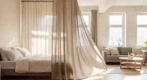 Curtains used as divider in living room bedroom combo