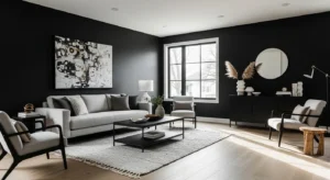 Black walls paired with light flooring for balanced living room design