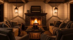 Farmhouse lighting creating warm cozy ambiance