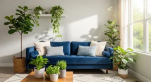 Blue sofa living room with greenery adding fresh contrast