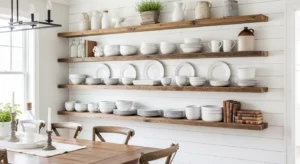 Open shelving displaying decor in farmhouse dining room
