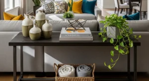 Console table dividing living and dining room combo