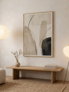 Japandi living room with minimal wall art and neutral aesthetic