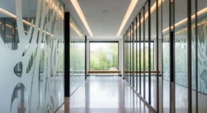 Reflective decor in narrow hallway