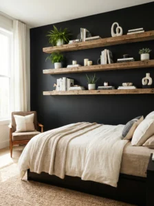 Black accent wall with floating shelves and decor styling