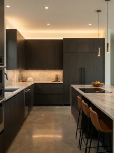 Kitchen with hidden appliances behind seamless cabinet panels