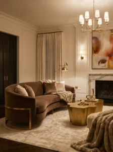 Brown velvet sofa living room with elegant decor and warm luxury feel