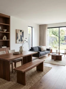 Matching materials used across living and dining areas for cohesive design
