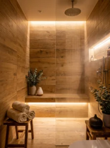 Wood look tile shower design adding warmth and natural texture