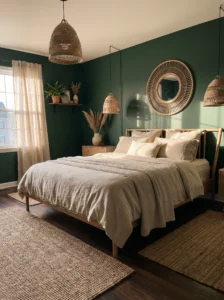 Deep green and beige bedroom with natural textures and cozy feel
