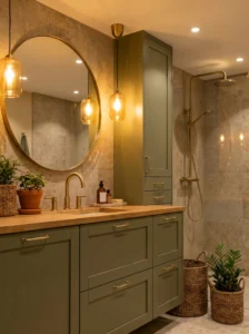 Olive green bathroom with brass accents and warm tones