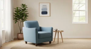 Blue upholstered chair in living room
