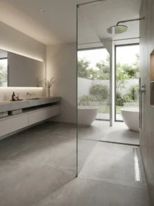 Curbless walk-in shower with seamless modern bathroom floor design