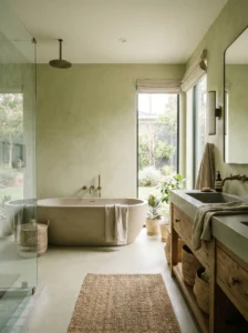 Earthy tone bathroom with soft green and beige colors