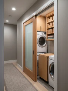 Pocket door design saving space in small laundry room