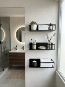 Modern metal shelves in bathroom for sleek storage solution