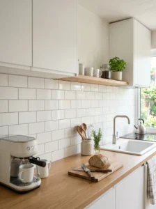 Scandinavian kitchen featuring classic white subway tile backsplash