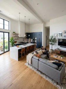 Continuous flooring in open concept home