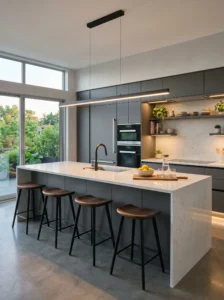 Linear pendant light bar over kitchen island in sleek modern design